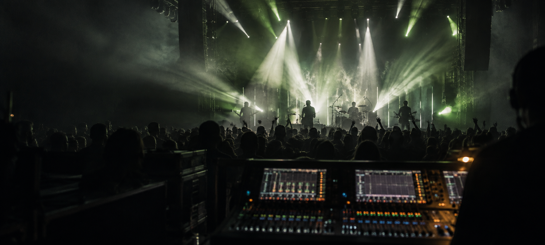 Imagen conceptual de concierto con consola de sonido y escenario